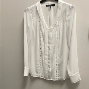 White House Black Market White V-Neck Pintuck Blouse with Stud Detail